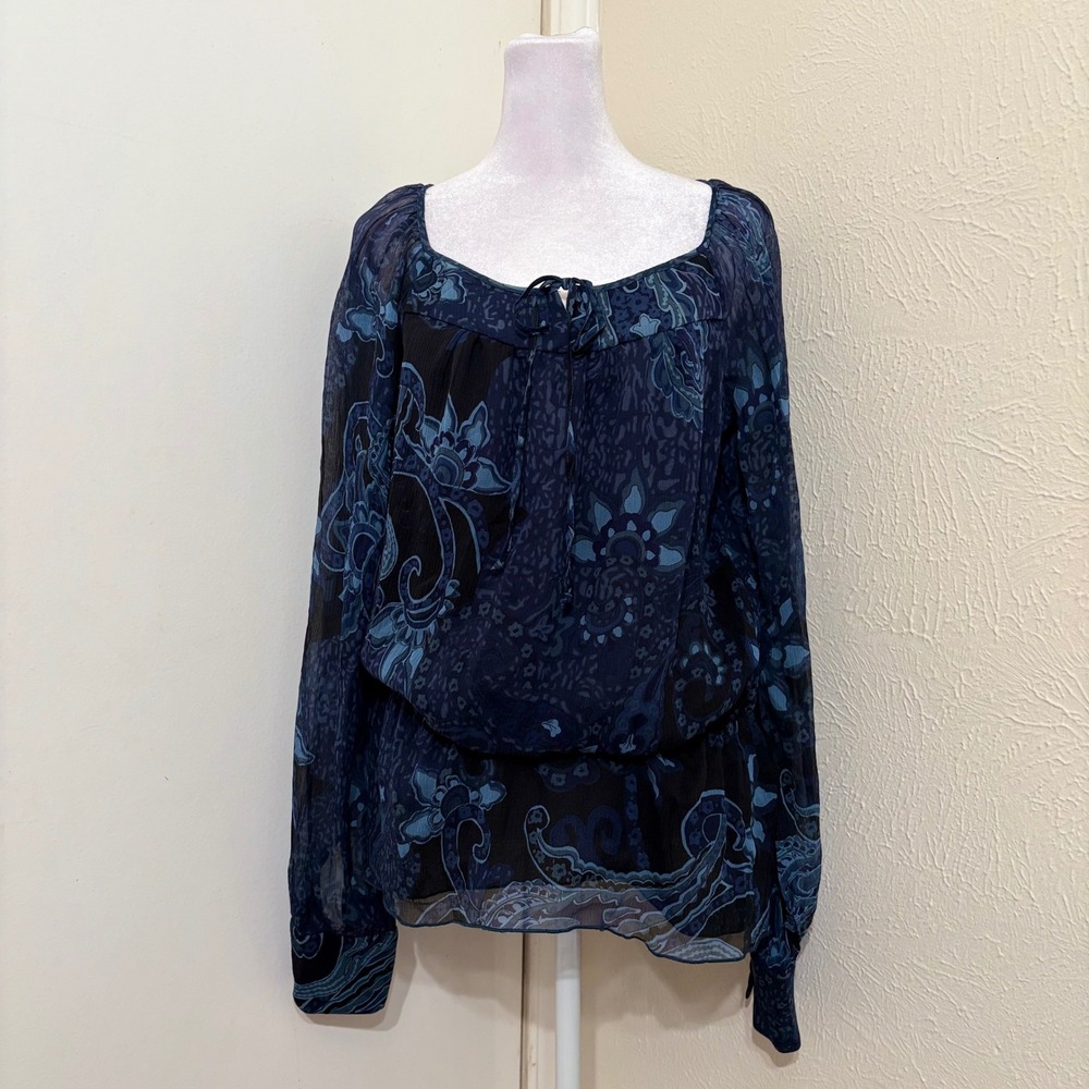 Whimsigoth Boho Blue Paisley 100% Silk Chiffon Sheer Tunic Long Sleeve Blouse 6